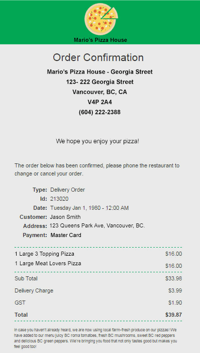 Order Receipt Email